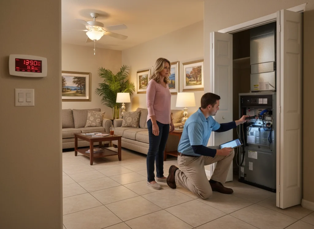 HVAC technician diagnosing system error at thermostat inside Lakeland Florida home