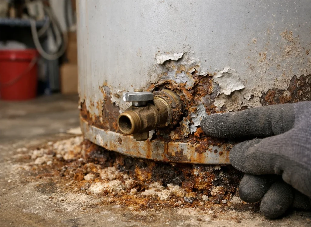 Close‑up of water heater sediment buildup and technician inspection