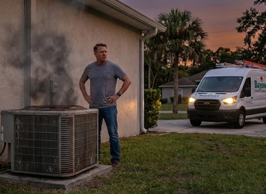 Florida homeowner waiting for after-hours HVAC service as a Bayonet van arrives at night.
