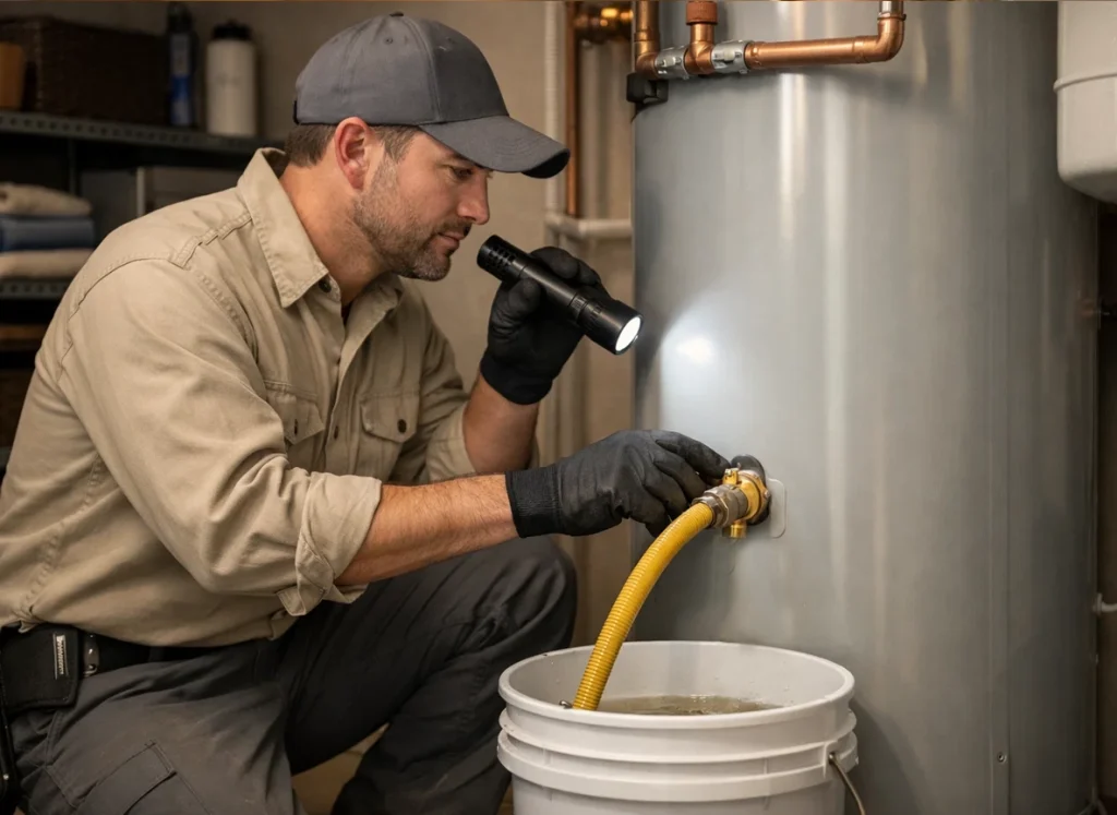 Technician flushing water heater as part of winter maintenance service