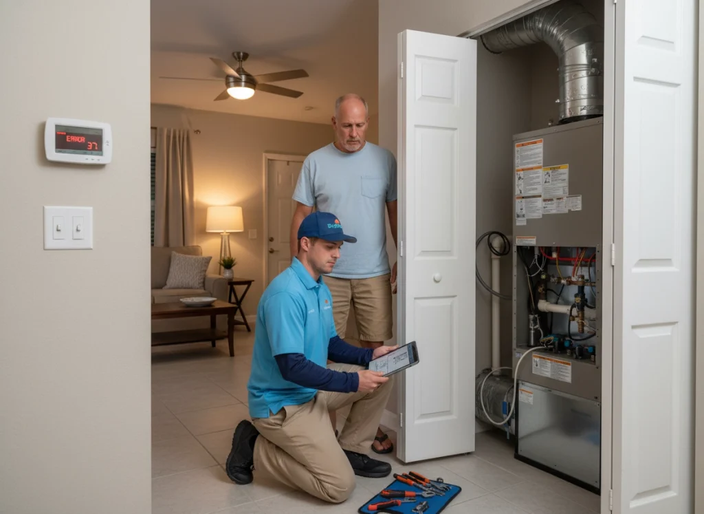 HVAC technician inspecting system error at thermostat inside North Port Florida home
