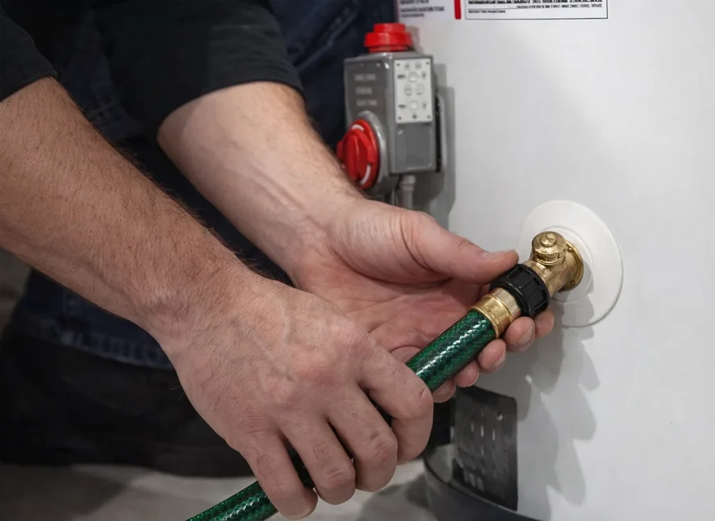 Plumber flushing a water heater.