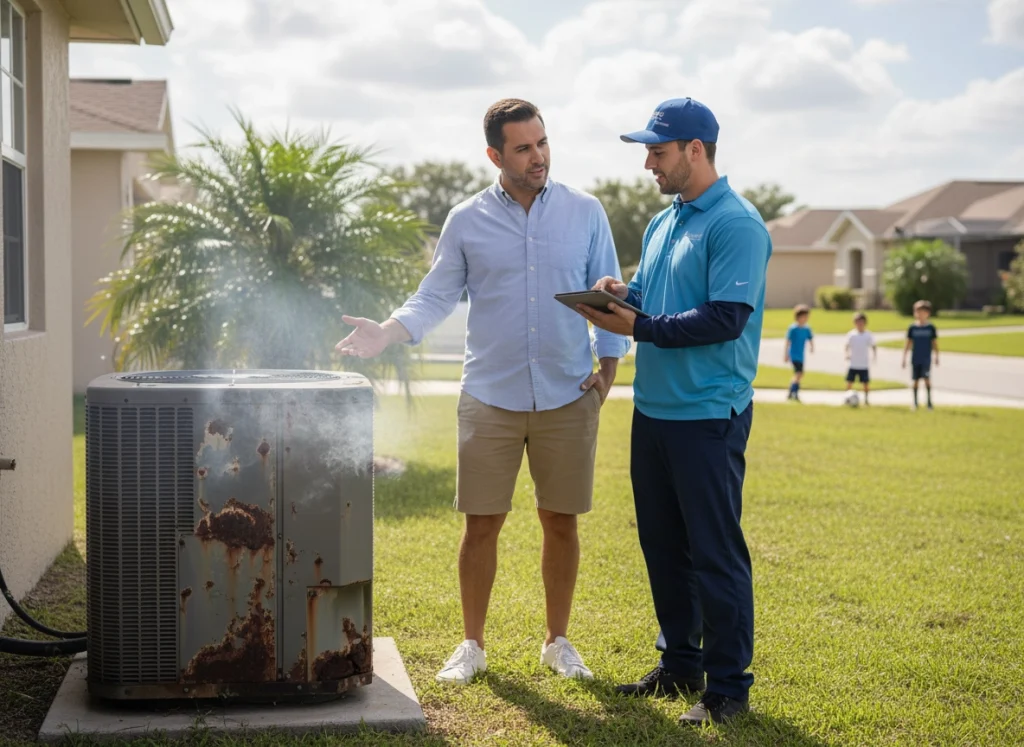 A homeowner and HVAC tech on the side the house discussing the AC unit.