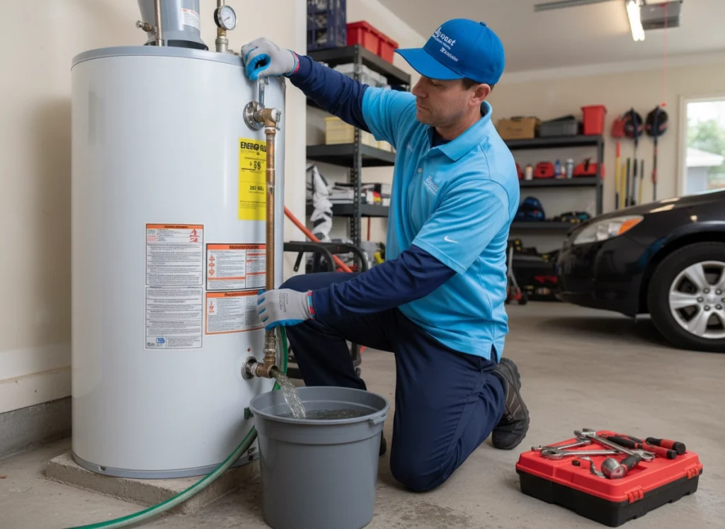 A Bayonet plumber flushing a water heater.