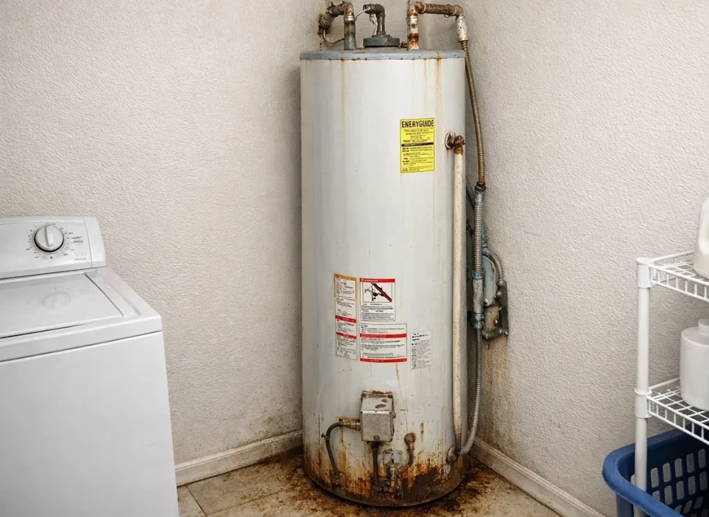 Old water heater with visible rust showing signs of decline during a cool Florida morning.