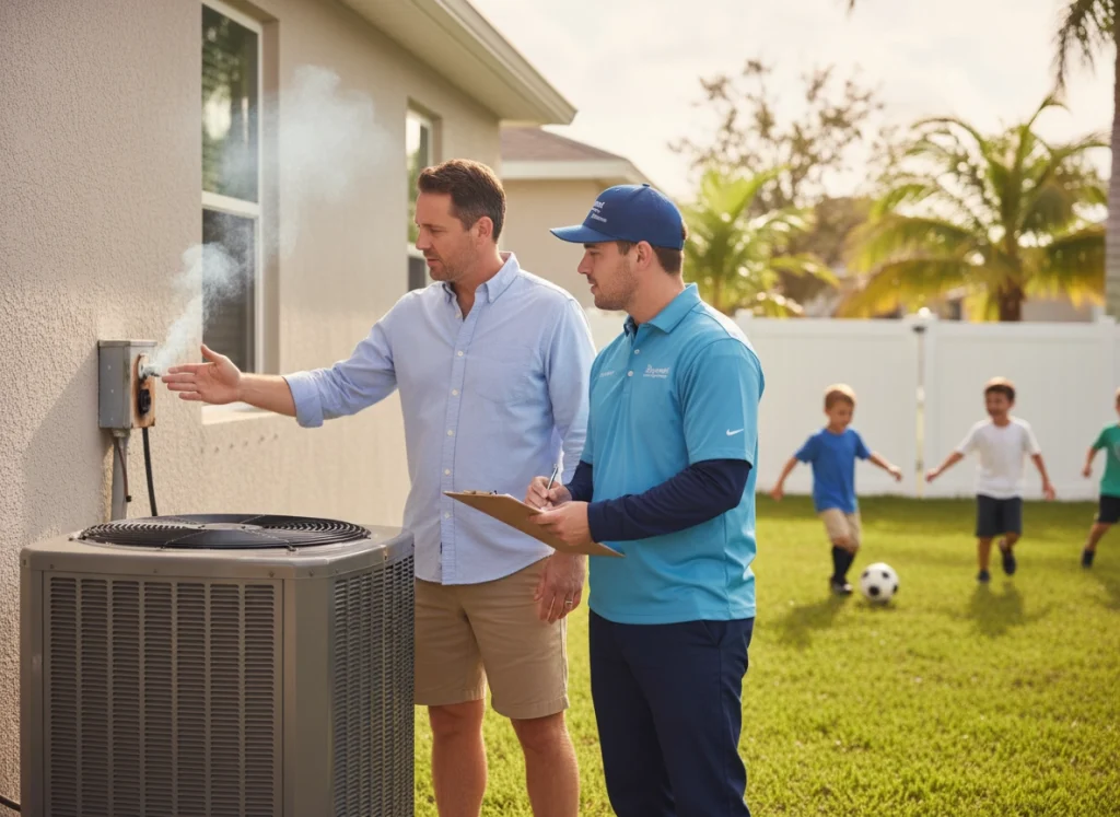 Homeowner and HVAC tech on the side of a house discussing AC unit electrical problem.