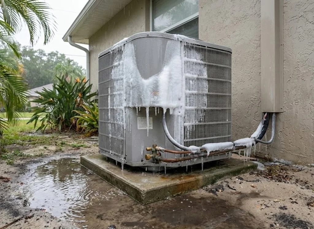 An iced up condenser unit on the side of a Tampa Bay Florida home.