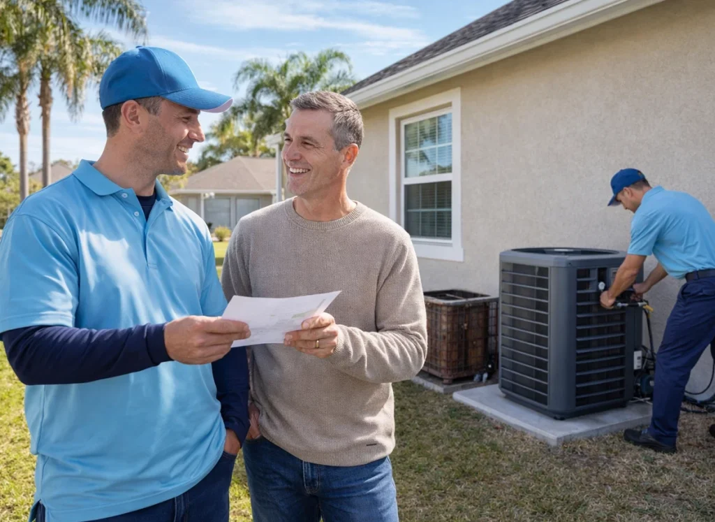 HVAC technicians installing a new heat pump at a Florida home during winter