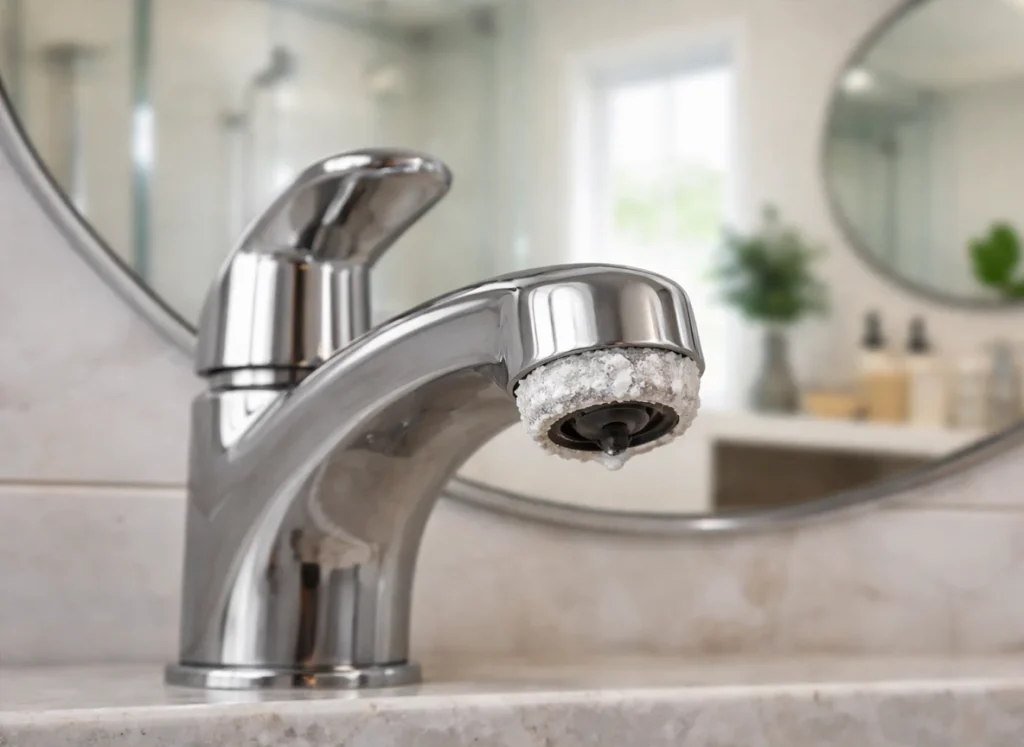 A bathroom faucet with calcium build up around the end of the spout.