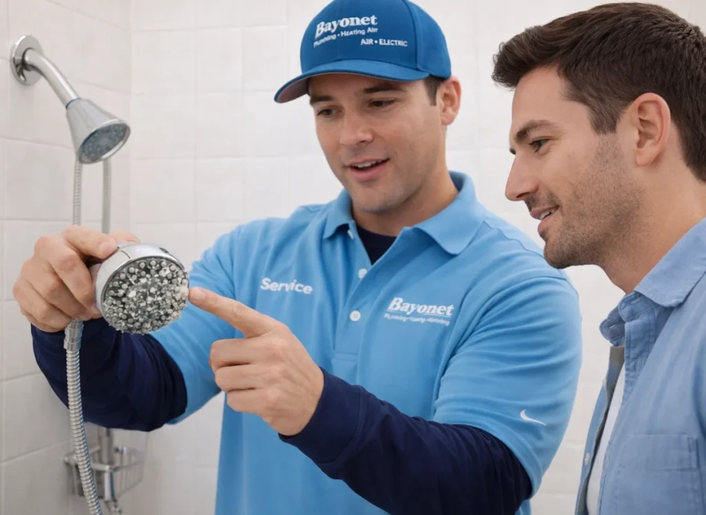 Homeowner and plumber testing hard water and scale buildup on bathroom fixtures in Altamonte Springs FL