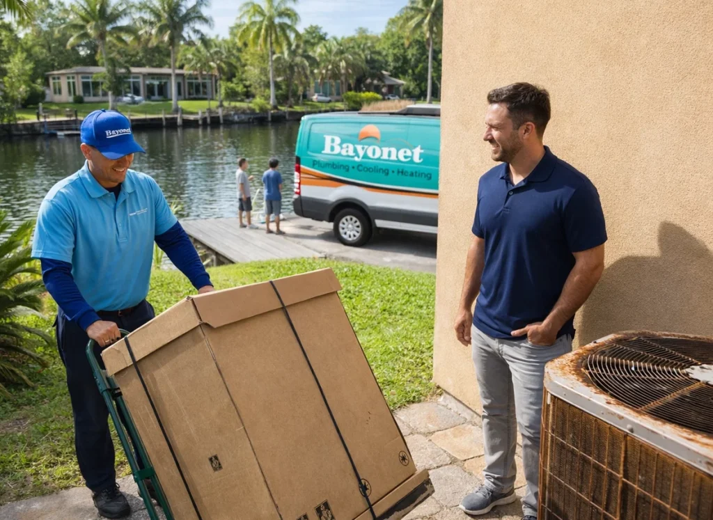 Three‑stage visual of old HVAC removal and new heat pump installation in Florida home.