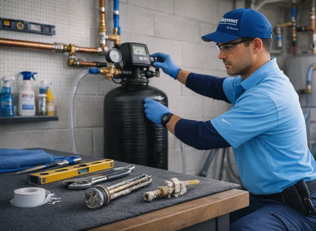 Plumber installing whole house water softener to protect water heater and appliances in Englewood FL