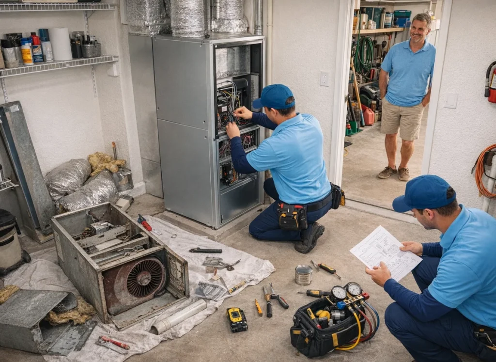Technician replacing an old furnace with a modern heat pump system in Florida home