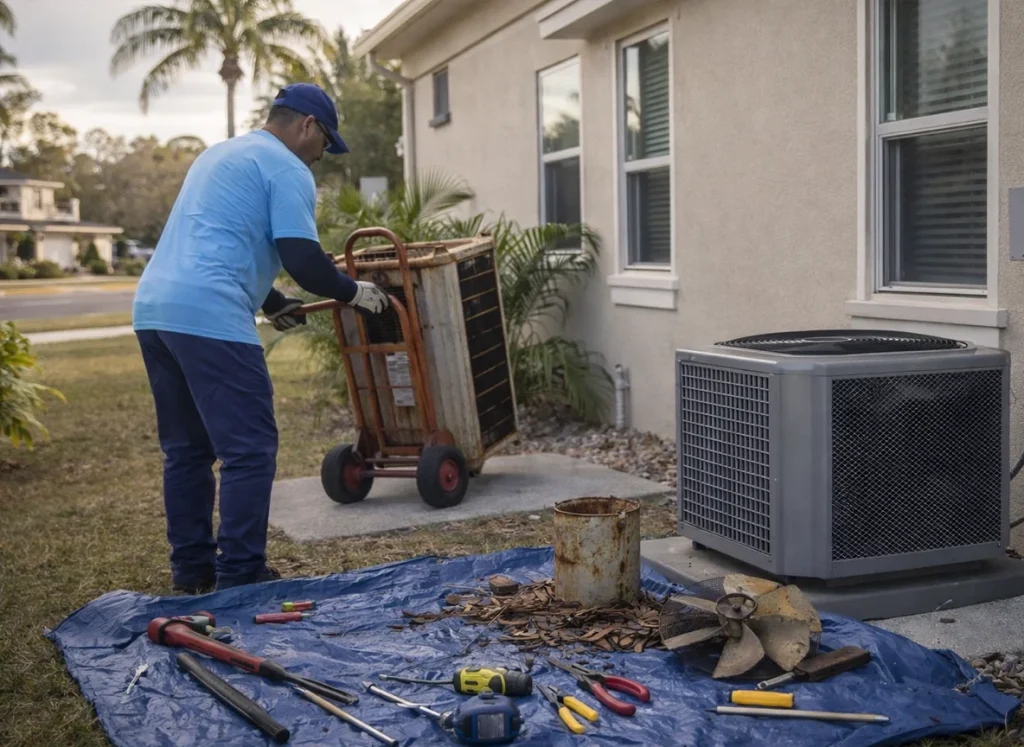 A Bayonet HVAC tech removing an old heat pump after installing a new one.