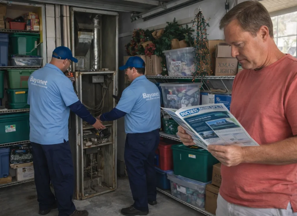 Homeowner reviews mini split brochure as HVAC crew removes old furnace in Florida garage
