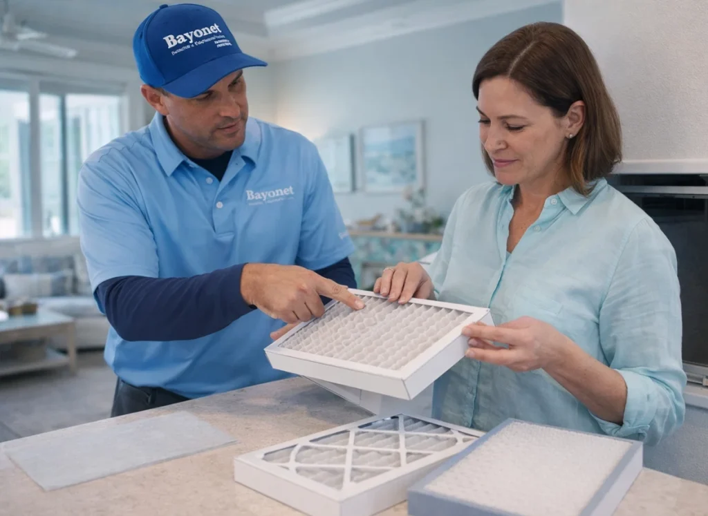 Homeowner chooses HVAC air filter with technician using MERV guidance