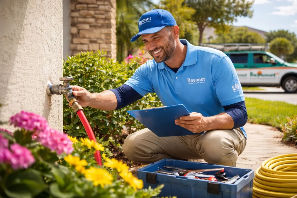 A bandit plumber inspecting an outside water faucet