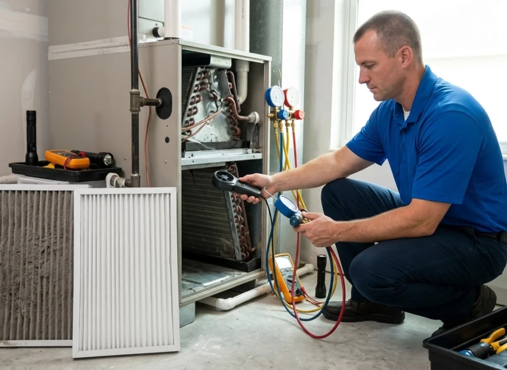 HVAC technician testing AC efficiency with filter slot open