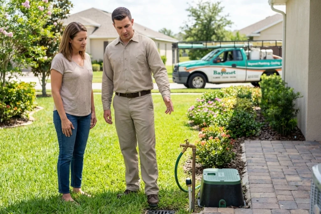 Bartow homeowner reviewing outdoor plumbing with plumber