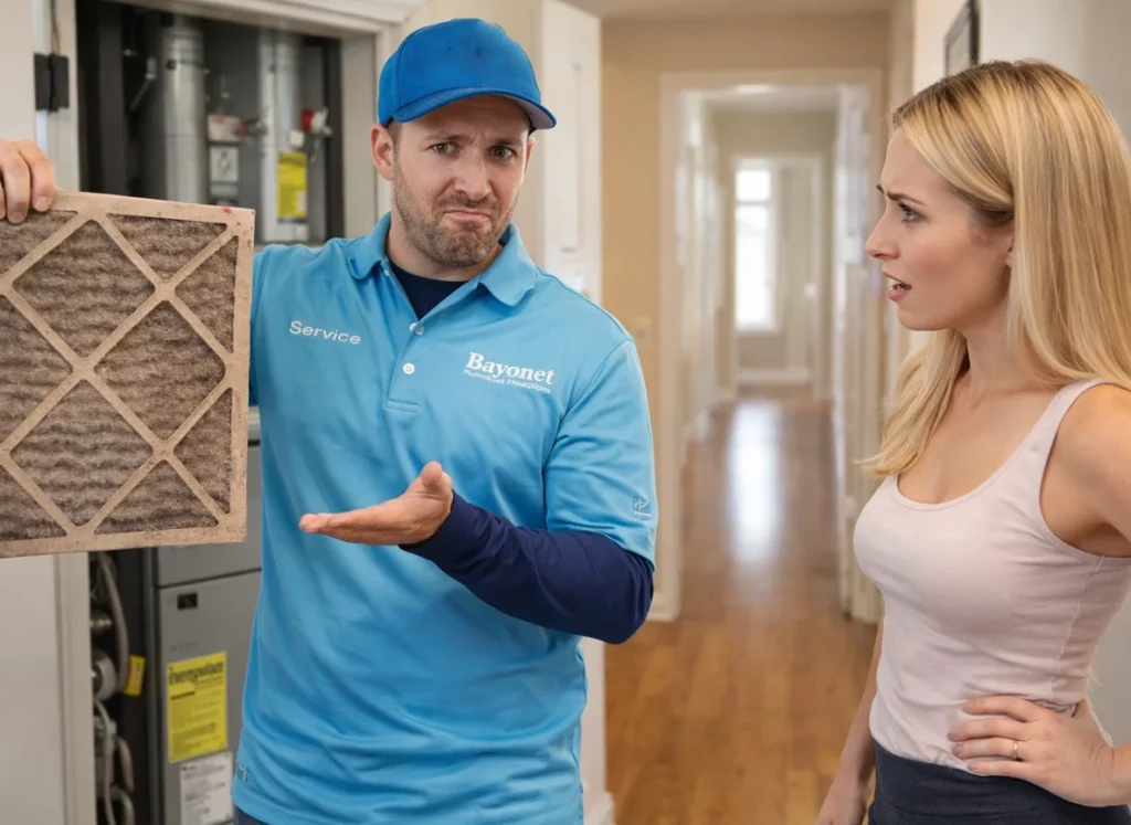 An HVAC technician showing the homeowner a dirty air filter