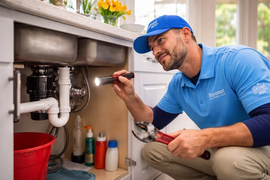 Plumber working under kitchen sink