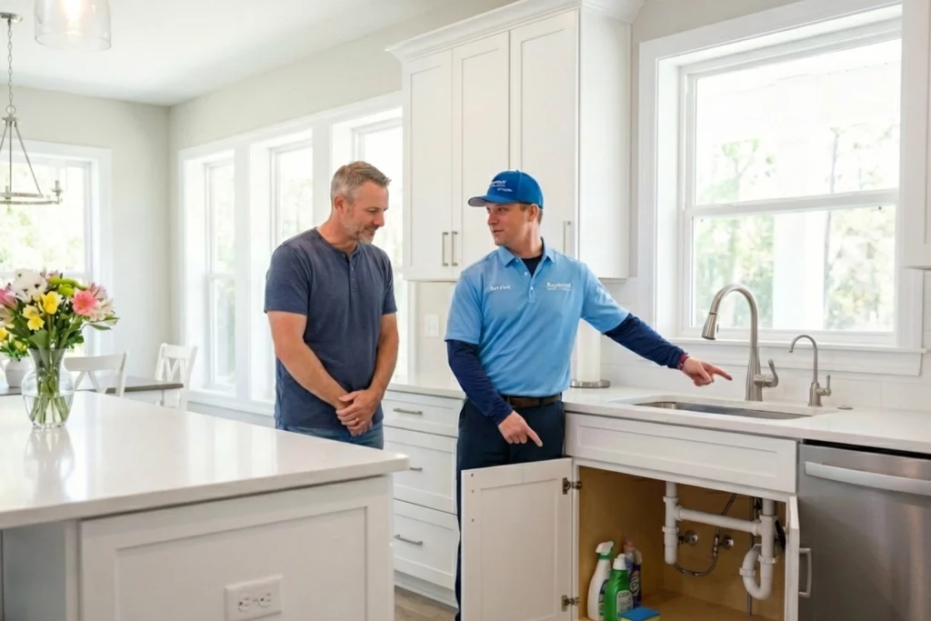 Venice homeowner reviewing spring plumbing maintenance with plumber