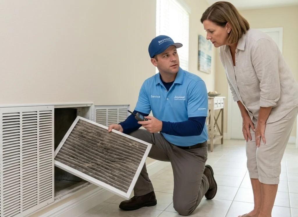HVAC technician showing homeowner how dirty filter restricts airflow