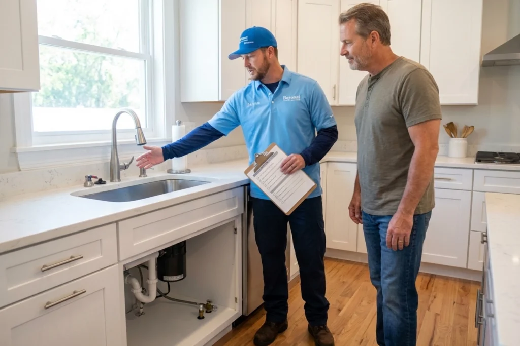 Spring Hill homeowner reviewing spring plumbing maintenance with plumber