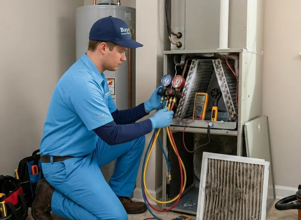 HVAC technician diagnosing airflow restriction from clogged filter
