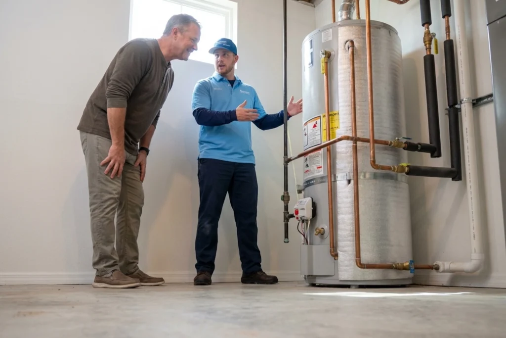 Palmetto homeowner discussing spring water heater maintenance