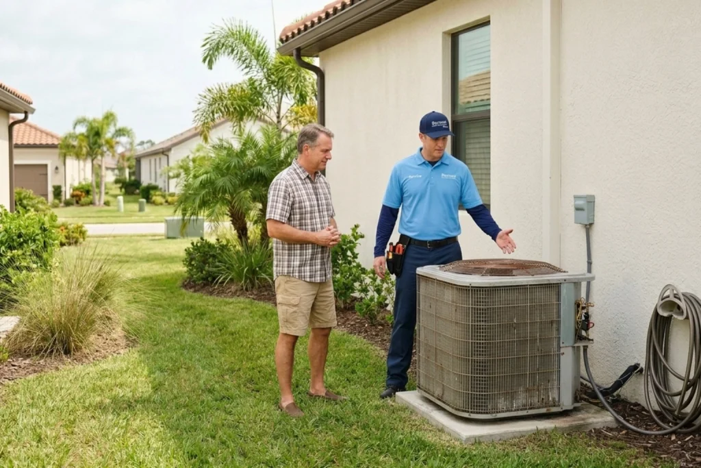 Florida homeowner discussing aging AC replacement with technician