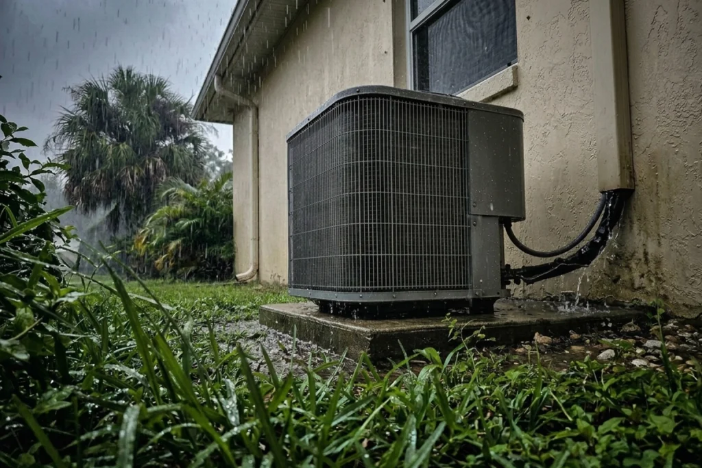 A close-up of an AC condenser unit on the side of a Florida home.