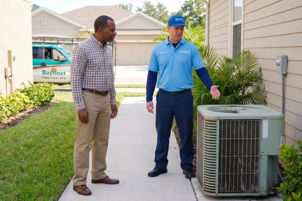Homeowner discussing AC lifespan and replacement with Bayonet technician