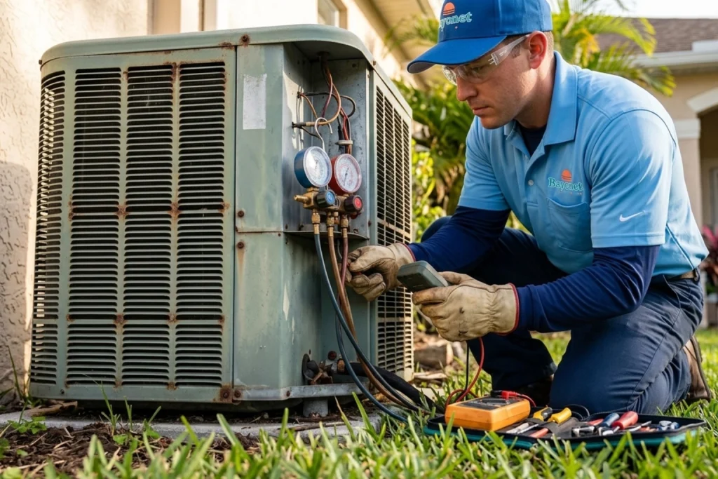 Bayonet technician evaluating aging air conditioner