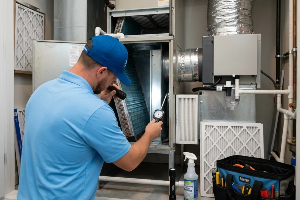 HVAC technician inspecting humidity control equipment
