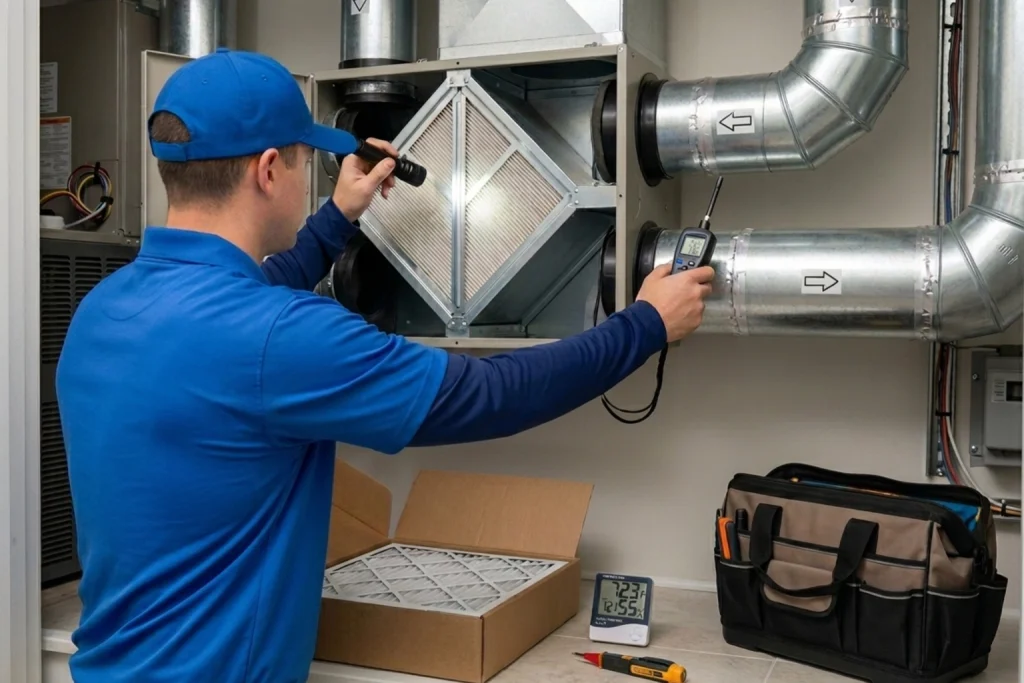 HVAC technician inspecting energy recovery ventilator