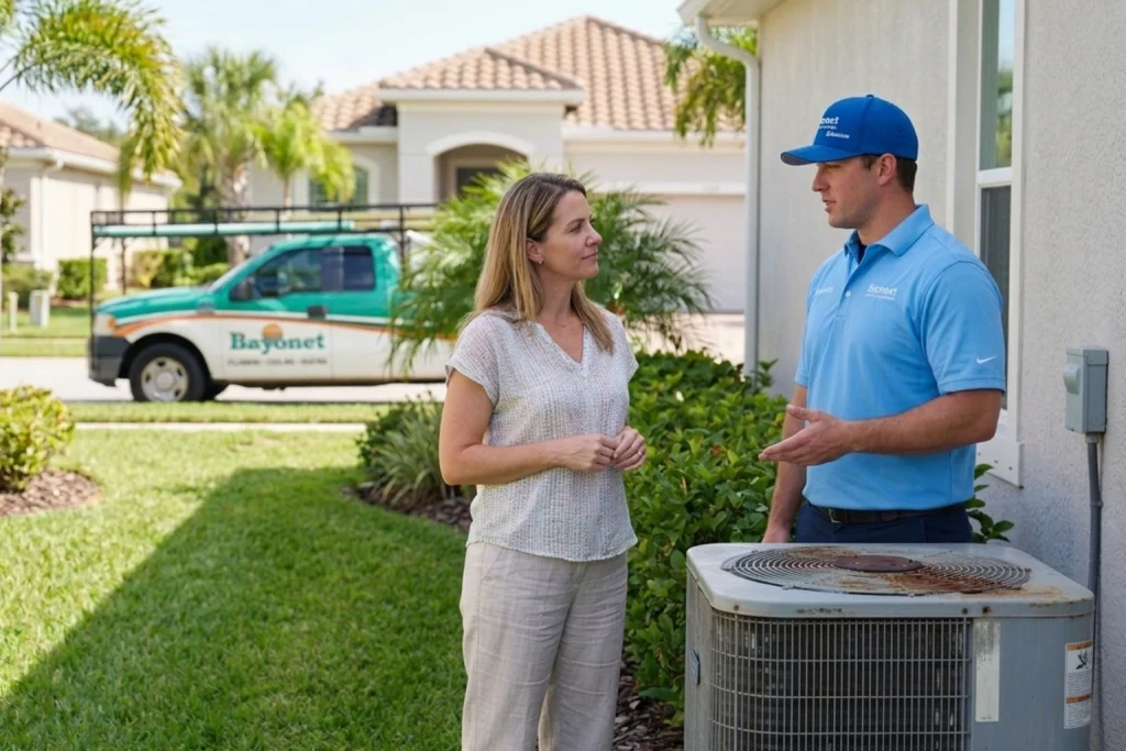 Tampa homeowner discussing AC lifespan with HVAC technician