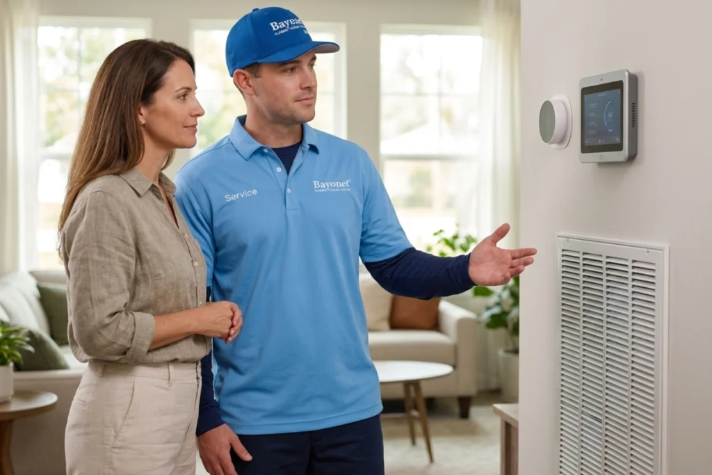 Homeowner discussing warm-weather indoor air quality with Bayonet technician