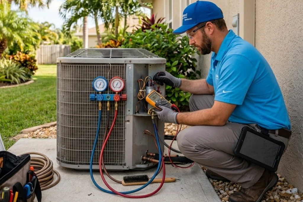 HVAC technician performing spring air conditioner maintenance