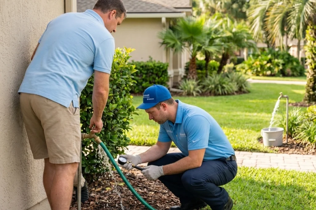 Plumber checking outdoor faucet water pressure before summer
