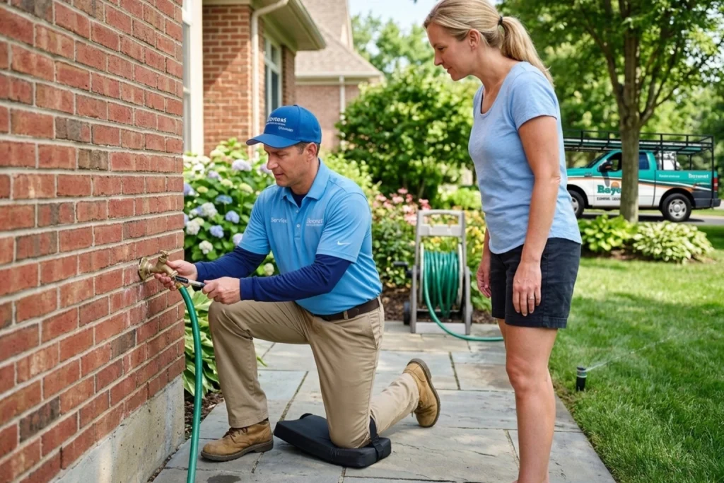 Homeowner reviewing outdoor plumbing checks before summer