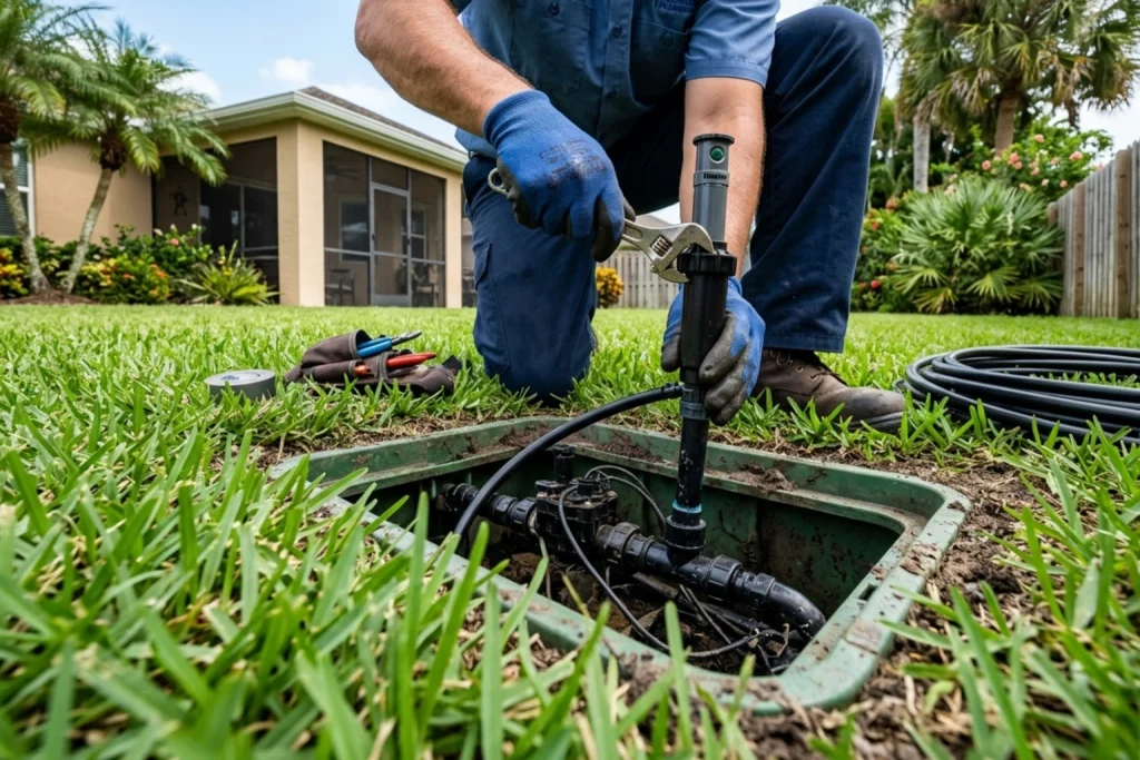 Plumber inspecting hose bib and outdoor shut-off valve