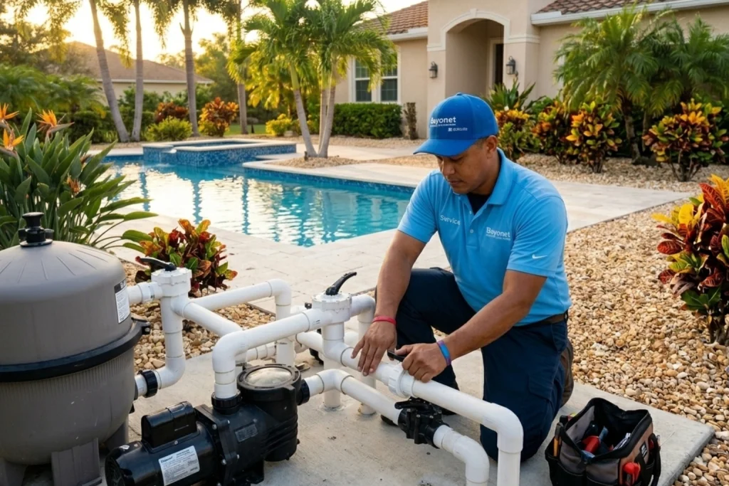 A Bayonet plumber working on pool plumbing connections.