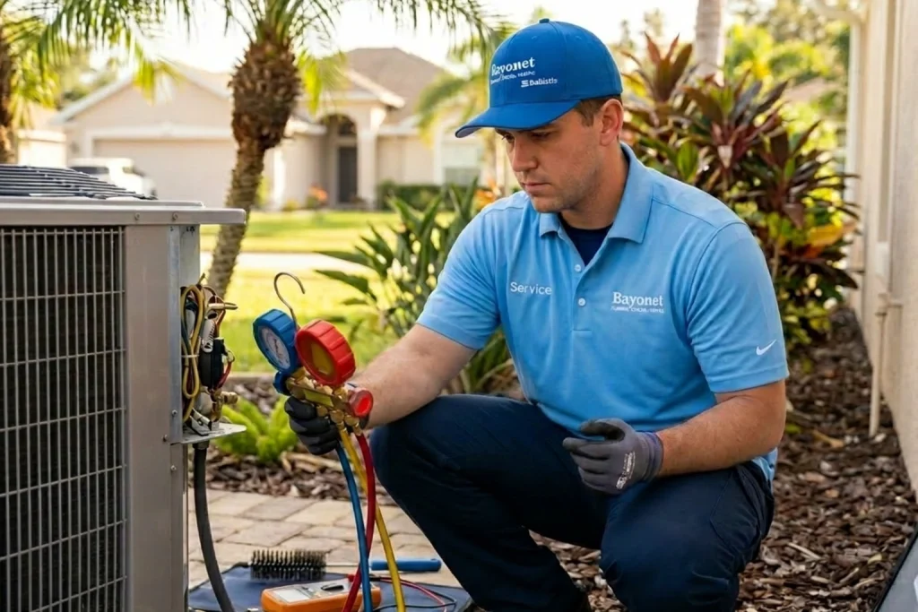 HVAC technician performing summer air conditioner inspection