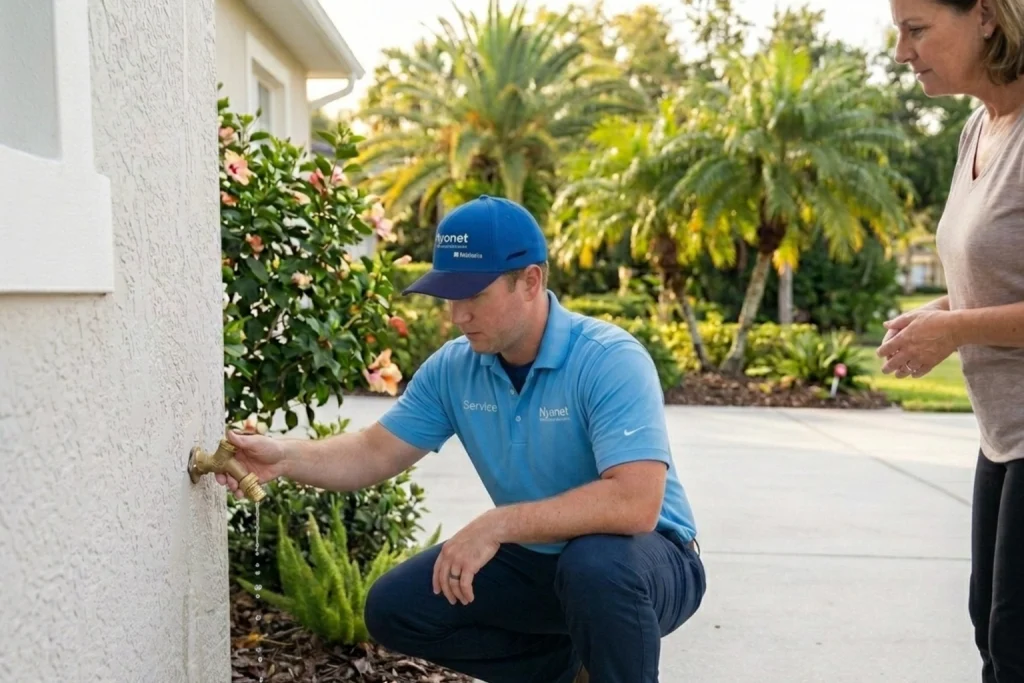 Plumber inspecting outdoor faucet before summer use