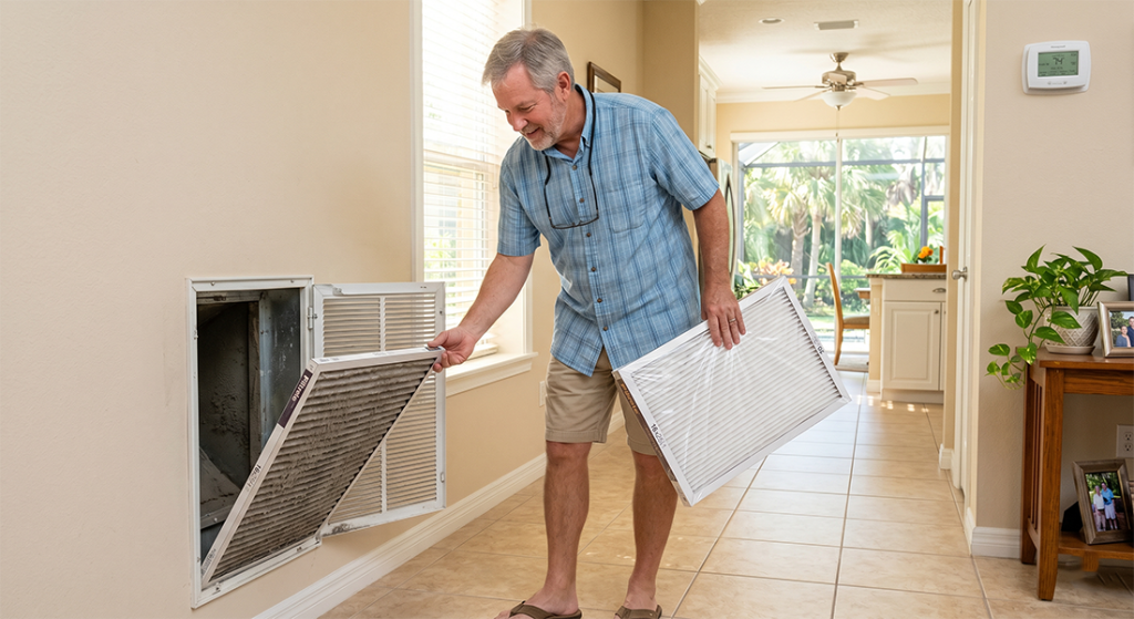 a homeowner checking their air filter in their Florida home