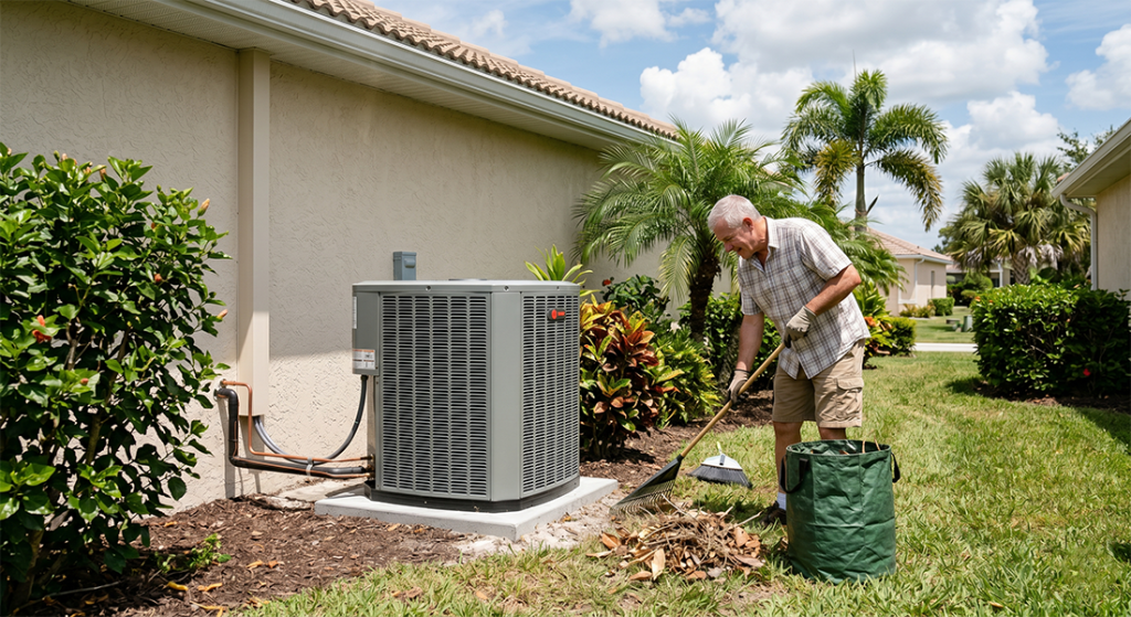 a new air conditioning unit outside of a Florida home. There is a homeowner beside the air conditioning unit clearing yard debris away from the unit.