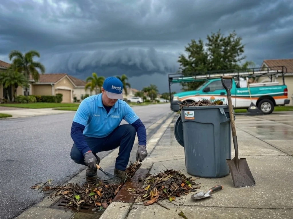 A Bayonet plumber clearing debris from a storm drain before a storm.