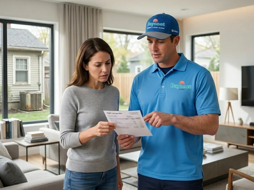A homeowner and a Bayonet HVAC tech discussing high energy bills.