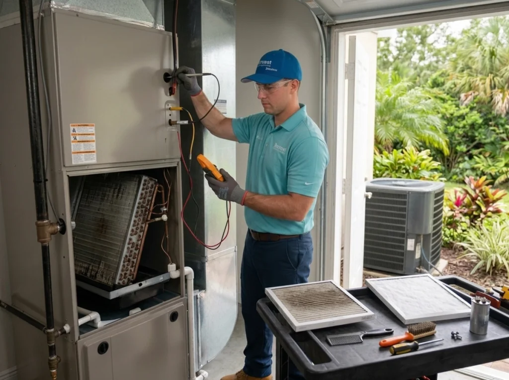 HVAC technicians inspecting airflow coils and electrical components in Lakeland